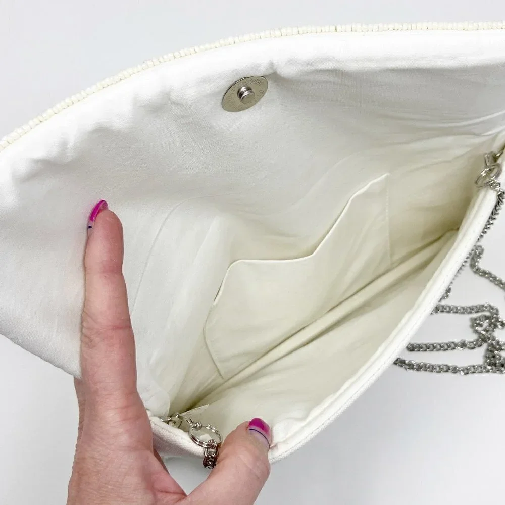 Gold & Pink Bee on Ivory Blue Red Stripe Beaded Clutch